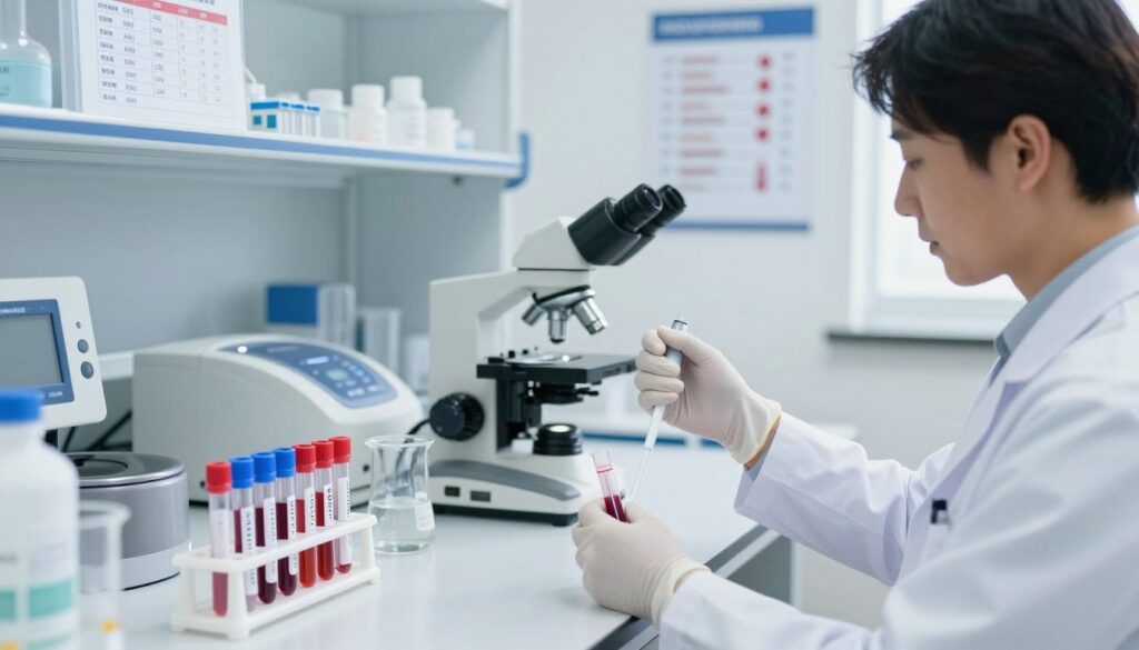 A bright and sterile medical laboratory scene showcasing blood test analysis for PCOS diagnosis. In the foreground, a professional scientist in a lab coat and gloves is carefully handling test tubes filled with different colored blood samples, using a pipette. The middle ground features an organized workspace with a microscope, blood analysis equipment, and laboratory instruments, including centrifuges and glass beakers. In the background, posters displaying hormone levels and charts related to PCOS hang on the walls, enhancing the educational atmosphere. The lighting is bright and clinical, casting soft shadows to give depth to the scene. The mood is focused and investigative, illustrating the importance of blood tests in conjunction with ultrasound imaging for PCOS diagnosis.