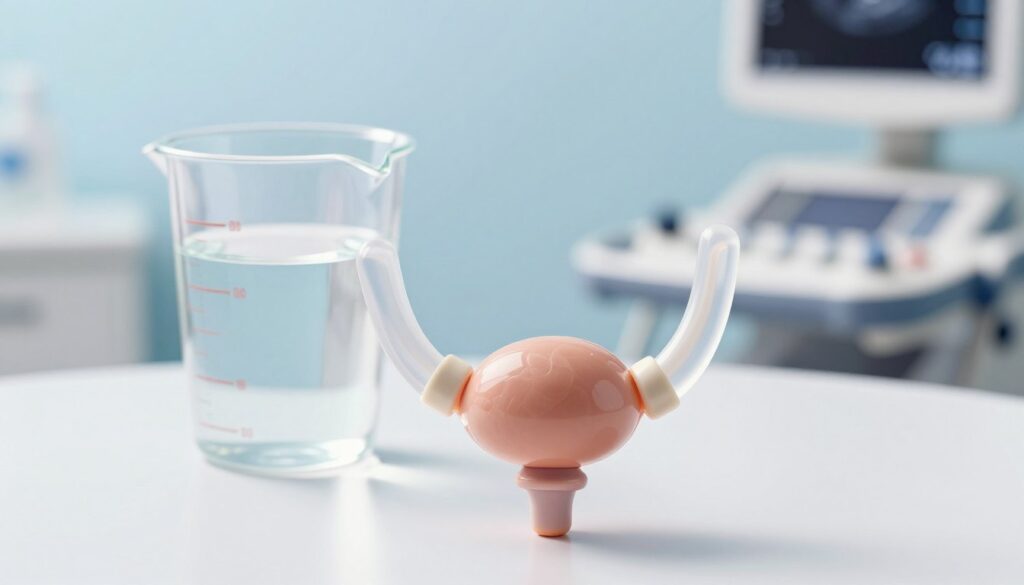 A clear, informative illustration depicting a healthy human urinary bladder filled with liquid, positioned in a medical environment. In the foreground, focus on a translucent bladder model, showing its anatomical structure and the filled volume. The bladder is semi-transparent to emphasize the liquid capacity. In the middle ground, place a measuring cup with water, indicating an appropriate amount for hydration before an ultrasound. The background features soft, medical-themed colors, such as light blue and white, with subtle hints of medical instruments like an ultrasound machine. Soft, diffused lighting creates a calm and clinical atmosphere, enhancing the educational aspect. No characters are present, ensuring a professional and focused representation of the topic.