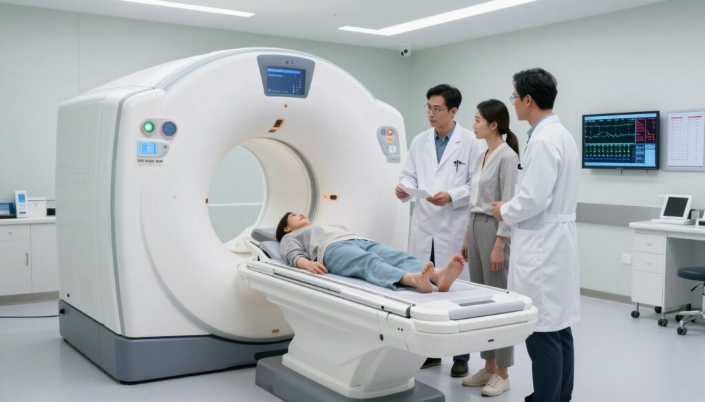 A clinical setting featuring a whole-body MRI machine in a modern medical facility. In the foreground, a healthcare professional in a clean, white lab coat stands beside the machine, discussing the procedure with a patient dressed in modest casual clothing, emphasizing a professional atmosphere. The middle ground showcases the MRI scanner with its circular opening, illuminated by soft, cool white lighting that creates a sterile and inviting ambiance. In the background, medical charts and monitors display important health data, enhancing the technological aspect of the scene. Use a wide-angle lens effect to capture the entire room, creating an immersive view that reflects the significance of whole-body MRI in modern diagnostics. The overall mood is informative and reassuring, emphasizing medical professionalism and care.