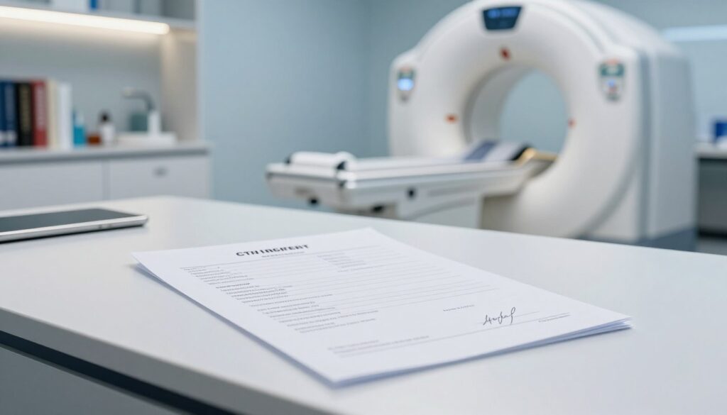A clinical setting focusing on a CT scan referral document, elegantly placed on a clean, modern desk. In the foreground, a detailed view of the referral, clearly showing medical terms and doctor’s signature. The middle ground features a professional medical office scene with shelves of medical books and instruments, conveying a sense of expertise and care. In the background, a soft-focus image of a CT scanner, illuminated by gentle overhead lighting to suggest a calm atmosphere. The overall mood is professional and reassuring, emphasizing the significance of medical referrals in healthcare. The color palette is soothing with blues and whites, evoking a sense of trust and reliability in the medical profession.