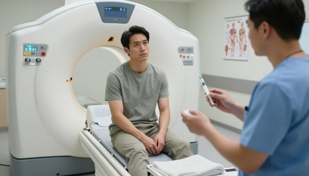 A clinical setting for a CT examination preparation scene, featuring a patient in modest casual clothing sitting on an examination table, looking slightly anxious but calm. In the foreground, a healthcare professional in scrubs is explaining the procedure, holding a syringe with contrast dye. The middle ground includes a CT scanner, sleek and modern, with soft, clinical lighting illuminating the room, creating a sterile and reassuring atmosphere. In the background, there are anatomical charts on the walls, showcasing human body structures relevant to CT scans. The angle should offer a slight overhead view, emphasizing the interaction between the patient and the healthcare provider, conveying trust and professionalism in a medical environment.