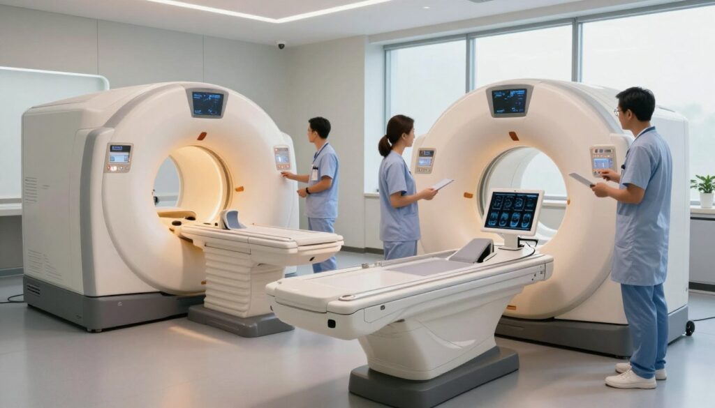 A clinical setting showcasing a comparison between MRI and CT scan equipment. In the foreground, a state-of-the-art MRI machine with a sleek, futuristic design, surrounded by medical professionals in professional attire examining scans on a screen. The middle ground features a CT scanner, illuminated with soft, warm lighting, casting gentle shadows on a clean, sterile room. In the background, a large window allows natural light to filter in, creating a bright and inviting atmosphere. The composition emphasizes clarity and professionalism, highlighting the decision-making process between the two imaging techniques. Capture the mood of innovation and care in healthcare diagnostics. Use a wide-angle lens to enhance the spacious feeling of the room.