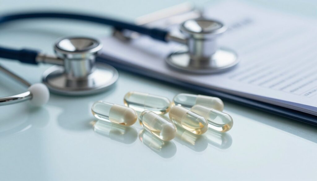 A close-up arrangement of transparent capsules filled with a clear liquid, evoking a sense of medical precision. The foreground features a softly lit glass table where the capsules lie, each reflecting a hint of light to highlight their contours. In the middle ground, a blurred stethoscope and a notepad with notes about dosage and instructions subtly suggest a clinical setting without overwhelming the viewer. Soft, diffused lighting enhances the serene atmosphere, while a cool color palette of blues and whites imparts a professional, clean feel. In the background, a slightly out-of-focus medical chart hints at preparation for an ultrasound, creating context without distraction. The overall mood is informative yet tranquil, ideal for a topic rooted in health and care.