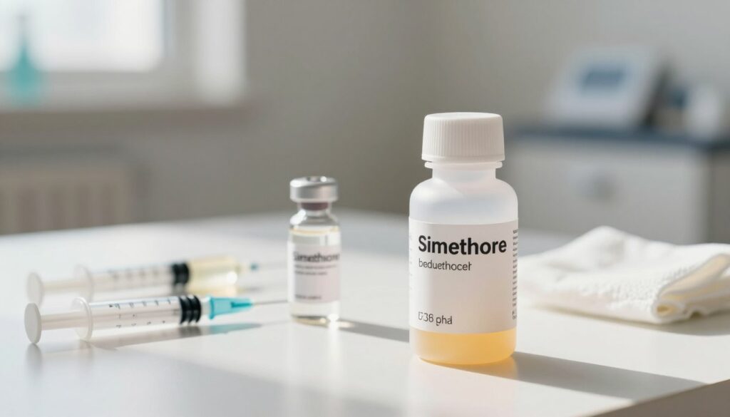 A close-up composition featuring a medical setup to illustrate simethicone and dimethicone preparations for reducing intestinal gas before an ultrasound. In the foreground, a translucent bottle of simethicone sits on a clean white surface, surrounded by soft-focus medical instruments like syringes and gauze. In the middle, a small, reflective vial of dimethicone adds depth. The background has a softly lit consultation room with neutral tones, suggesting a professional medical environment. The overall atmosphere is calm and clinical, with natural light filtering in, creating gentle shadows. Shot at a slight angle with a shallow depth of field to emphasize the products, conveying professionalism and cleanliness.