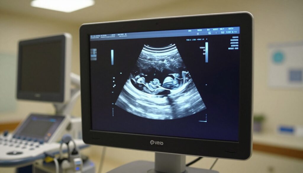 A close-up view of a fetal heartbeat captured on a transvaginal ultrasound screen, showcasing the rhythmic pulse of the embryo in vibrant detail. The image should focus on the central screen displaying bright, clear waves of the heartbeat with soft blue and white hues, set in a clinical examination room. In the background, blurred medical equipment like ultrasound machines and monitors create a realistic setting, with a soft, diffused overhead light adding warmth. The mood is scientific yet hopeful, emphasizing the critical moment of monitoring fetal development. No human figures are necessary in the composition, maintaining a clean and professional aesthetic throughout. A close-up view of a fetal heartbeat captured on a transvaginal ultrasound screen, showcasing the rhythmic pulse of the embryo in vibrant detail. The image should focus on the central screen displaying bright, clear waves of the heartbeat with soft blue and white hues, set in a clinical examination room. In the background, blurred medical equipment like ultrasound machines and monitors create a realistic setting, with a soft, diffused overhead light adding warmth. The mood is scientific yet hopeful, emphasizing the critical moment of monitoring fetal development. No human figures are necessary in the composition, maintaining a clean and professional aesthetic throughout.