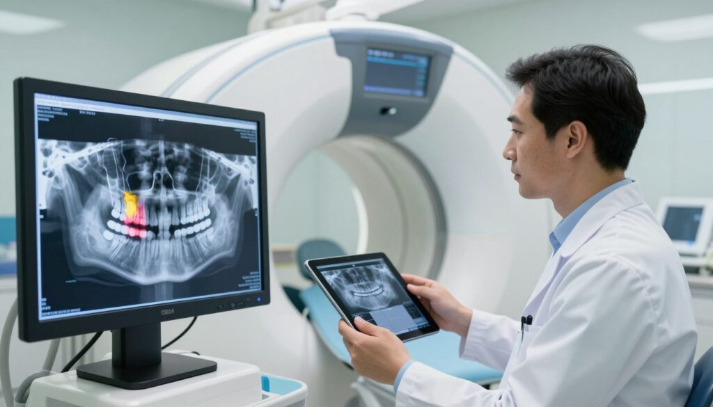 A dental X-ray scene depicting the intricacies of a CBCT scan, showcasing the hidden changes in a 3D format. In the foreground, a detailed view of a digital display reveals a CBCT image of a jawbone, highlighted areas indicating abnormalities that are not visible in 2D images. In the middle, a dentist, dressed in professional attire with a focused expression, analyzes the scan results, holding a tablet displaying additional insights. The background features a modern dental clinic setting, with sophisticated equipment and soft, natural lighting that creates an atmosphere of professionalism and innovation. The composition emphasizes the advancements in dental technology and the importance of thorough examination.