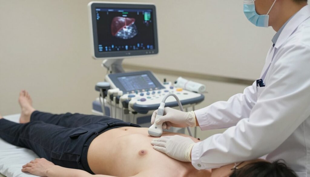 A detailed abdominal ultrasound exam scene in a modern medical setting. In the foreground, a patient is lying on an examination table, dressed in modest clothing. A healthcare professional, wearing a lab coat and gloves, confidently operates the ultrasound machine, with the ultrasound probe placed gently on the patient's abdomen. The machine's screen displays a clear view of abdominal organs, highlighting key areas such as the liver and kidneys. In the middle ground, medical tools and charts are neatly arranged on a tray, contributing to the organized atmosphere. The background features soft, ambient lighting that provides a calm and professional feel. The angle of the shot captures both the patient and the ultrasound screen, emphasizing the interaction between technology and healthcare. A detailed abdominal ultrasound exam scene in a modern medical setting. In the foreground, a patient is lying on an examination table, dressed in modest clothing. A healthcare professional, wearing a lab coat and gloves, confidently operates the ultrasound machine, with the ultrasound probe placed gently on the patient's abdomen. The machine's screen displays a clear view of abdominal organs, highlighting key areas such as the liver and kidneys. In the middle ground, medical tools and charts are neatly arranged on a tray, contributing to the organized atmosphere. The background features soft, ambient lighting that provides a calm and professional feel. The angle of the shot captures both the patient and the ultrasound screen, emphasizing the interaction between technology and healthcare.