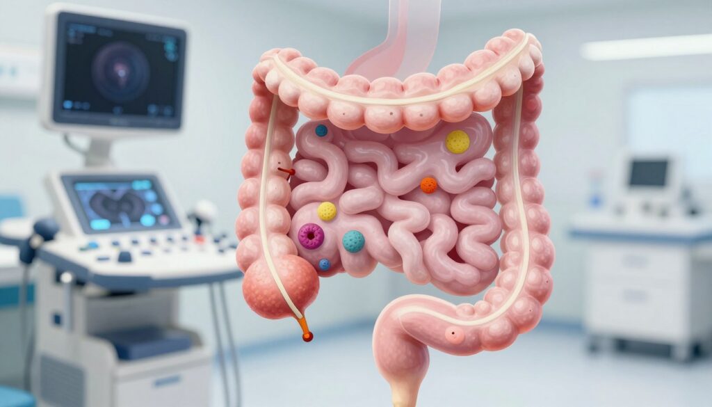 A detailed anatomical illustration depicting the human colon, showcasing various stages of colon cancer and other intestinal diseases. The foreground features a transparent section of the lower gastrointestinal tract, rendering structures like polyps and tumors in vivid color to enhance understanding. In the middle ground, diagnostic tools such as an ultrasound machine and medical images are subtly integrated, surrounded by a clean, professional clinical setting. The background is softly blurred to maintain focus on the colon depiction while suggesting a hospital environment. The lighting is bright and clinical, simulating daylight to suggest cleanliness and precision. Convey a serious yet informative atmosphere, suitable for a medical context, with no human subjects present. A detailed anatomical illustration depicting the human colon, showcasing various stages of colon cancer and other intestinal diseases. The foreground features a transparent section of the lower gastrointestinal tract, rendering structures like polyps and tumors in vivid color to enhance understanding. In the middle ground, diagnostic tools such as an ultrasound machine and medical images are subtly integrated, surrounded by a clean, professional clinical setting. The background is softly blurred to maintain focus on the colon depiction while suggesting a hospital environment. The lighting is bright and clinical, simulating daylight to suggest cleanliness and precision. Convey a serious yet informative atmosphere, suitable for a medical context, with no human subjects present.