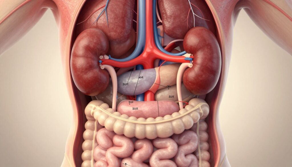 A detailed anatomical illustration of the abdominal aorta, showcasing its structure and surrounding organs like the kidneys and liver. In the foreground, the aorta is highlighted in a vibrant red, with labels indicating its parts. The middle ground presents a clear view of nearby digestive organs, subtly colored to provide contrast. The background features a neutral, soft gradient to draw attention to the aorta, while intricate veins and arteries are faintly visible in the surrounding tissue. Soft, diffused lighting creates a medical, professional ambiance, emphasizing clarity and detail. The perspective is slightly angled to enhance depth, resembling an educational anatomical diagram. The overall mood should be informative and clinical, suitable for a medical article illustration.