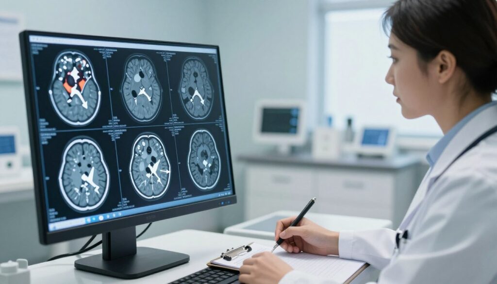 A detailed and illustrative depiction of a brain CT scan in a clinical setting. In the foreground, a high-resolution digital display shows cross-sectional images of a human brain, highlighting areas of concern such as potential tumors, hemorrhages, and structural abnormalities, with arrows pointing to specific regions. The middle layer features a doctor wearing professional attire, examining the scan with a thoughtful expression, jotting down notes on a clipboard. In the background, a modern medical room with soft, neutral lighting creates an atmosphere of calm and professionalism. The scene is shot from a slightly elevated angle to capture both the scan and the doctor's engagement, conveying a sense of importance in understanding medical imaging. A detailed and illustrative depiction of a brain CT scan in a clinical setting. In the foreground, a high-resolution digital display shows cross-sectional images of a human brain, highlighting areas of concern such as potential tumors, hemorrhages, and structural abnormalities, with arrows pointing to specific regions. The middle layer features a doctor wearing professional attire, examining the scan with a thoughtful expression, jotting down notes on a clipboard. In the background, a modern medical room with soft, neutral lighting creates an atmosphere of calm and professionalism. The scene is shot from a slightly elevated angle to capture both the scan and the doctor's engagement, conveying a sense of importance in understanding medical imaging.