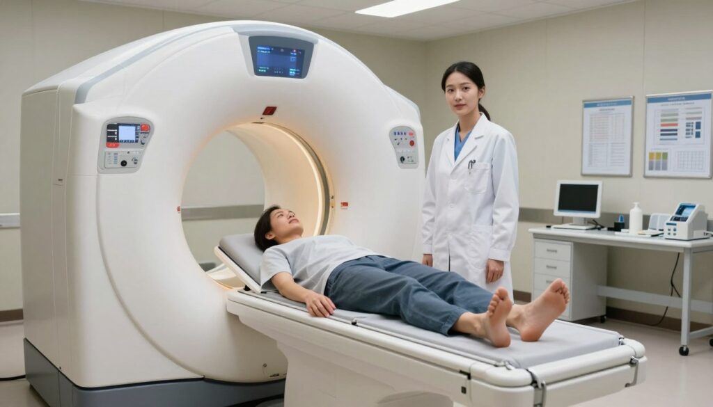 A detailed and serene scene inside a modern radiology room, showcasing a state-of-the-art computed tomography (CT) scanner at the forefront. The machine is sleek, with a circular opening, illuminated by soft, ambient lighting that creates a calm atmosphere. In the background, a clean, organized workspace is visible, featuring medical charts and diagnostic equipment. A healthcare professional, dressed in a white lab coat and professional attire, stands beside the CT scanner, engaging with a patient who is comfortably positioned on the examination table, both looking relaxed and reassured. The image conveys a sense of trust and professionalism, highlighting the pivotal role of CT scans in cancer detection. The camera angle is slightly angled downward, focusing on the scanner's details while including both subjects looking toward the viewer. A detailed and serene scene inside a modern radiology room, showcasing a state-of-the-art computed tomography (CT) scanner at the forefront. The machine is sleek, with a circular opening, illuminated by soft, ambient lighting that creates a calm atmosphere. In the background, a clean, organized workspace is visible, featuring medical charts and diagnostic equipment. A healthcare professional, dressed in a white lab coat and professional attire, stands beside the CT scanner, engaging with a patient who is comfortably positioned on the examination table, both looking relaxed and reassured. The image conveys a sense of trust and professionalism, highlighting the pivotal role of CT scans in cancer detection. The camera angle is slightly angled downward, focusing on the scanner's details while including both subjects looking toward the viewer.