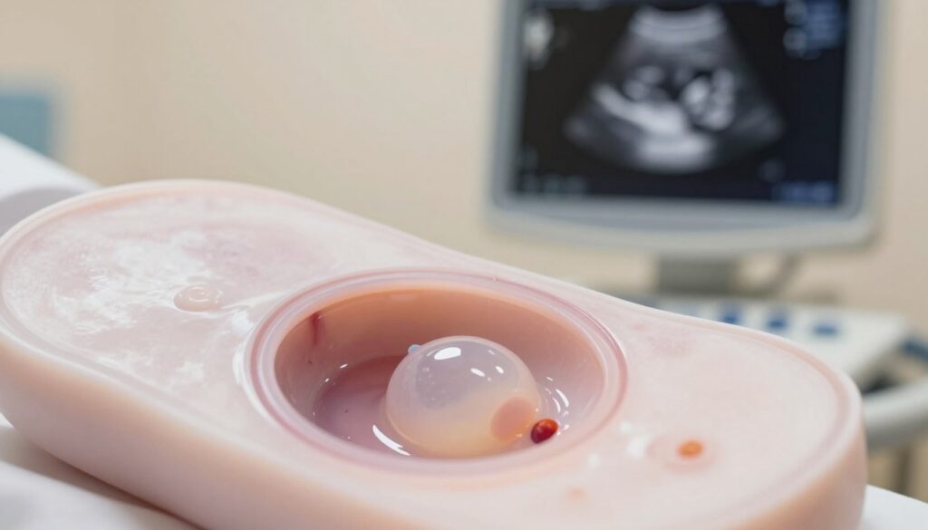 A detailed cross-sectional view of an early pregnancy ultrasound, showcasing a distinctly visible pęcherzyk ciążowy (gestational sac) prominently in the foreground. The gestational sac should be filled with a soft, translucent fluid, surrounded by a delicate ring indicative of the developing tissue. In the middle ground, subtle hints of the pęcherzyk żółtkowy (yolk sac) can be observed, illustrating its supportive role in early development. The background features a soft-focus representation of an ultrasound monitor, creating a clinical atmosphere. The lighting is soft and warm, emulating the gentle glow seen in medical environments, while maintaining a neutral color palette of whites and light pastels, evoking a mood of hope and anticipation. The angle should capture a close-up perspective, framed to highlight the gestational progression week-by-week. A detailed cross-sectional view of an early pregnancy ultrasound, showcasing a distinctly visible pęcherzyk ciążowy (gestational sac) prominently in the foreground. The gestational sac should be filled with a soft, translucent fluid, surrounded by a delicate ring indicative of the developing tissue. In the middle ground, subtle hints of the pęcherzyk żółtkowy (yolk sac) can be observed, illustrating its supportive role in early development. The background features a soft-focus representation of an ultrasound monitor, creating a clinical atmosphere. The lighting is soft and warm, emulating the gentle glow seen in medical environments, while maintaining a neutral color palette of whites and light pastels, evoking a mood of hope and anticipation. The angle should capture a close-up perspective, framed to highlight the gestational progression week-by-week.