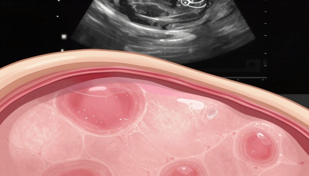 A detailed illustration of a cross-sectional view of the endometrium within the uterus as seen in a gynecological ultrasound. The foreground features the endometrium highlighted in shades of pink, demonstrating variations in thickness and texture with visible focal changes. The middle ground includes the surrounding uterine structure, depicted in a soft, natural color palette, while the background displays an abstract representation of ultrasound waves and grid lines to emphasize the medical imaging aspect. Illuminate the scene with soft lighting to convey a clinical yet inviting atmosphere. Use a slight depth of field to focus on the endometrium while gently blurring the background, capturing a clear and educational depiction suitable for medical illustration.
