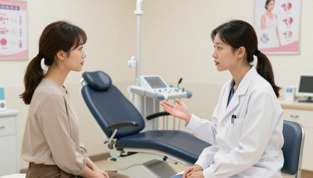 A detailed illustration of a medical consultation setting focused on gynecological care. In the foreground, a female doctor, wearing a professional white lab coat and modest attire, is discussing with a patient. The patient, also dressed in professional casual wear, looks attentive and engaged. The middle ground features a gynecological examination chair, with medical instruments neatly arranged nearby. In the background, soft medical lighting illuminates the room, creating a calm and reassuring atmosphere. The walls are adorned with health charts and posters related to women's health, subtly suggesting the topic of transvaginal ultrasound indications. The overall mood is supportive and informative, emphasizing professionalism and care in healthcare settings, with a focus on women's health consultations. A detailed illustration of a medical consultation setting focused on gynecological care. In the foreground, a female doctor, wearing a professional white lab coat and modest attire, is discussing with a patient. The patient, also dressed in professional casual wear, looks attentive and engaged. The middle ground features a gynecological examination chair, with medical instruments neatly arranged nearby. In the background, soft medical lighting illuminates the room, creating a calm and reassuring atmosphere. The walls are adorned with health charts and posters related to women's health, subtly suggesting the topic of transvaginal ultrasound indications. The overall mood is supportive and informative, emphasizing professionalism and care in healthcare settings, with a focus on women's health consultations.