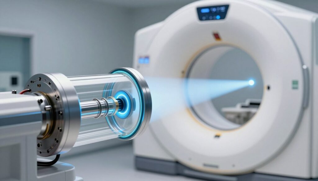 A detailed illustration of an X-ray tube, showcasing its intricate components and design. In the foreground, focus on the cylindrical structure of the X-ray tube with visible electrical connections and glass parts illuminated by a soft blue light. In the middle ground, depict the gantry of a CT scanner, with the X-ray beam visibly emanating from the tube, creating a bright cone of light. The background should include a subtle, blurred representation of the CT machine's interior, hinting at complex electronics and systems without overwhelming detail. Ensure a clinical, high-tech atmosphere with a clean, polished finish, using high-contrast lighting to accentuate the X-ray tube's features and the beam's path through the gantry.