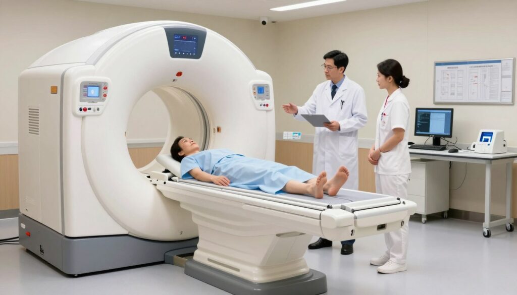 A detailed illustration of an abdominal CT scanner in a modern medical environment. In the foreground, a high-tech CT machine is prominently displayed, with an open scanning chamber where a patient, a middle-aged individual dressed in a hospital gown, lies comfortably. In the middle, medical professionals, dressed in professional attire, prepare for the imaging procedure. One doctor is explaining the process to a nurse, while the other monitors the equipment. In the background, soft ambient lighting creates a calm and professional atmosphere, with medical charts and instruments neatly arranged. The scene should evoke a sense of professionalism and trust in healthcare, emphasizing the advanced technology of abdominal imaging. A detailed illustration of an abdominal CT scanner in a modern medical environment. In the foreground, a high-tech CT machine is prominently displayed, with an open scanning chamber where a patient, a middle-aged individual dressed in a hospital gown, lies comfortably. In the middle, medical professionals, dressed in professional attire, prepare for the imaging procedure. One doctor is explaining the process to a nurse, while the other monitors the equipment. In the background, soft ambient lighting creates a calm and professional atmosphere, with medical charts and instruments neatly arranged. The scene should evoke a sense of professionalism and trust in healthcare, emphasizing the advanced technology of abdominal imaging.