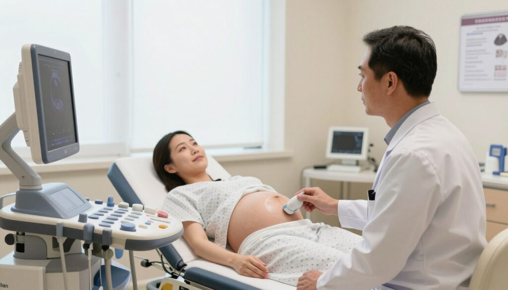 A detailed, informative scene showing a medical professional performing a transvaginal ultrasound on a pregnant woman in a modern clinic setting. The foreground features a doctor in professional attire, focused on the ultrasound monitor, with a relaxed and comforting demeanor. The pregnant woman, dressed in a modest hospital gown, lies comfortably on the examination table, appearing calm and at ease. In the background, bright, natural lighting from large windows provides a warm and inviting atmosphere, while medical equipment and charts relevant to pregnancy are strategically placed, emphasizing the clinical environment. The angle captures the interaction between the doctor and the patient, conveying a sense of care and professionalism in prenatal healthcare.