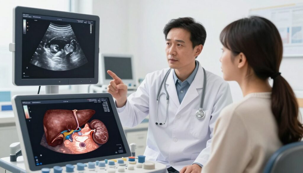 A detailed medical illustration focusing on abdominal ultrasound findings. In the foreground, include a high-resolution ultrasound image displaying common abdominal organs such as the liver, kidneys, and gallbladder, highlighting any notable abnormalities like cysts or gallstones. In the middle ground, depict a healthcare professional, dressed in professional attire, explaining the ultrasound results to a patient, who appears engaged and curious. The background should show a clinical setting, including medical equipment and monitors. Use soft, natural lighting to create a calm and informative atmosphere, emphasizing the importance of medical diagnostics. The composition should be shot at a slight angle, capturing the interaction while keeping the ultrasound image clear and prominent. Maintain a professional tone throughout.