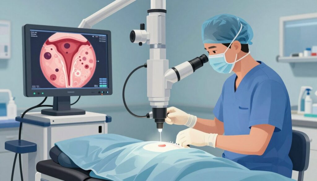 A detailed medical illustration of a hysteroscopy procedure in a clinical setting. In the foreground, a high-tech hysteroscope with a light source is positioned over a gynecological examination table. The middle ground features a skilled medical professional, dressed in scrubs and a surgical mask, carefully operating the hysteroscope, ensuring a sterile environment. In the background, a monitor displays a vivid image of the uterine interior, highlighting the presence of polyps. The room is well-lit with soft, focused lighting that enhances the sterile atmosphere, while shades of blue and white create a calm, professional mood. The angle captures the intricacy of the procedure, emphasizing its significance in women's health diagnostics.