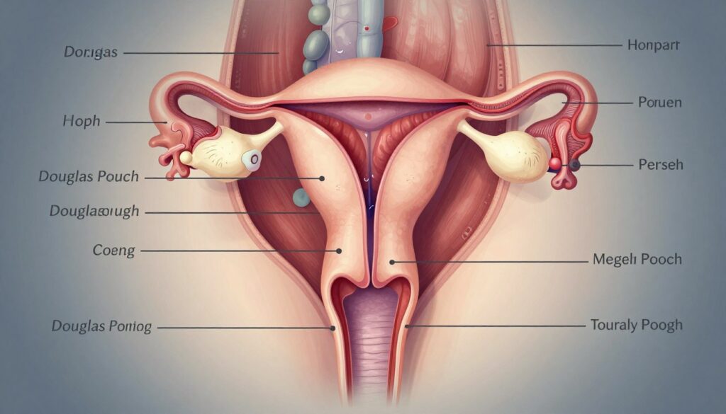 A detailed medical illustration of the Douglas pouch, featuring a clear view of the anatomy surrounding it. In the foreground, depict a labeled cross-section of the female pelvic region, with the uterus, ovaries, and surrounding tissues distinctly highlighted. The Douglas pouch should be illustrated with fluid accumulation, shown as a subtle blue tint to indicate the presence of liquid. The middle ground will feature anatomical labels, using a soft, professional font, while the background should be a muted gradient, enhancing focus on the anatomy. Utilize soft, cool lighting to create a clinical atmosphere, and employ a slightly elevated perspective to capture the contours of the pelvic structures. Overall, the mood should be informative and professional, suitable for educational purposes.