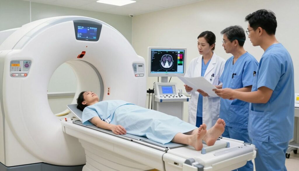 A detailed medical scene of a head CT scan with contrast enhancement in a modern hospital setting. In the foreground, there is a high-tech CT scanner with a patient positioned inside, wearing a soft hospital gown. Medical professionals in professional attire, such as scrubs and white coats, observe the scanning process while discussing the results. In the middle ground, there is a control panel displaying the imaging process, with vibrant colors indicating different contrast segments. The background features sterile hospital elements, including medical equipment and a softly lit room that conveys a calm atmosphere. Bright overhead lighting enhances the clinical feel, adding a sense of precision and focus. The overall mood is serious and informative, reflecting the importance of head tomography with contrast in medical diagnostics.