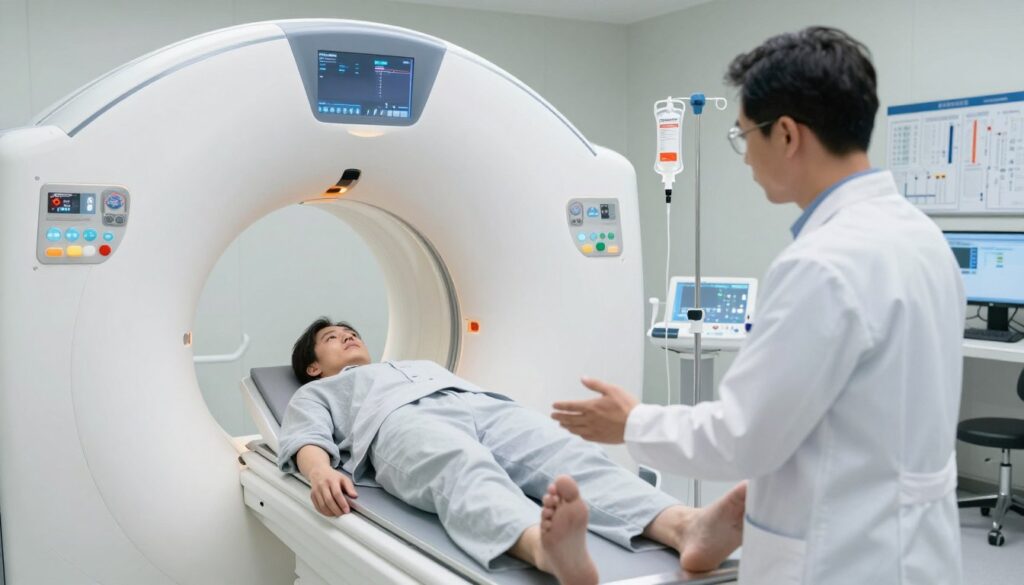 A detailed medical scene showcasing a CT scan room, with a focus on a clinical environment. In the foreground, a medical professional in professional attire, gently explaining the CT scan process to a patient who looks slightly apprehensive. The patient is positioned on the CT scanner, with the contrast dye visibly highlighted in an IV bag. In the middle ground, the CT scanner is prominent, with sleek, modern lines and digital displays reflecting soft, ambient lighting, creating a reassuring atmosphere. The background features medical charts and an ominous, yet sterile, view of a control room with a technician monitoring the scan process. The overall mood is calm and informative, emphasizing safety and the importance of understanding potential risks associated with contrast usage in imaging. Bright, clean lighting enhances the clinical feel, and the angle captures both the patient and the scanner in a compelling way.
