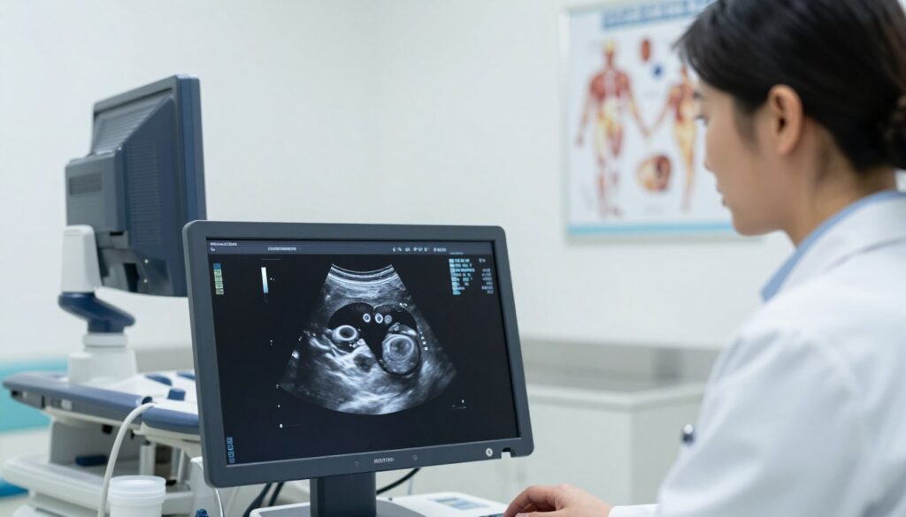A detailed medical ultrasound image illustrating the ovaries affected by Polycystic Ovary Syndrome (PCOS). The foreground shows a clear and focused ultrasound screen displaying a cross-section of the ovaries, highlighting multiple cysts characteristic of PCOS. The middle layer features a healthcare professional, dressed in a sterile white lab coat, attentively analyzing the ultrasound results, with a look of concentration on their face. In the background, there's a softly lit medical examination room, equipped with standard ultrasound machinery and anatomical posters on the walls. The overall atmosphere is clinical and informative, with a clean, bright lighting setup that emphasizes professionalism and the significance of accurate diagnosis. The angle is slightly elevated, capturing both the ultrasound screen and the healthcare professional's engagement with the results.