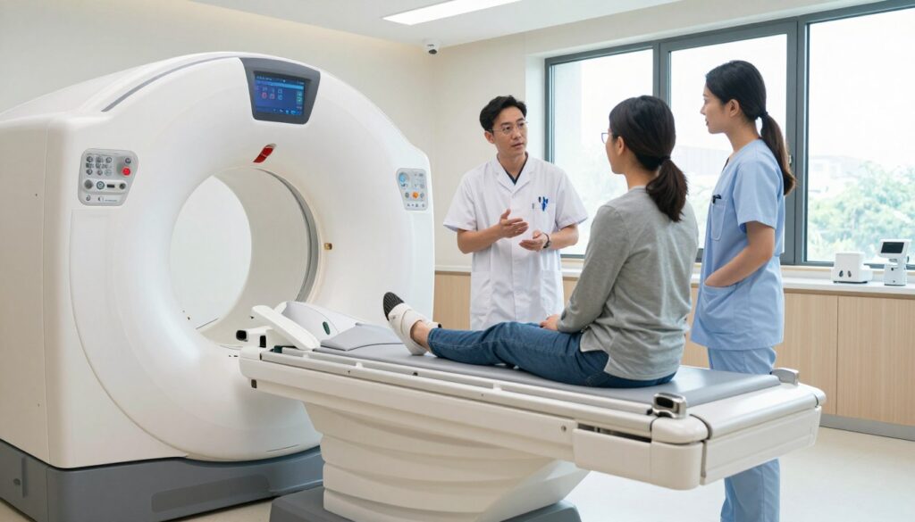 A detailed scene depicting a private medical facility for brain CT scans, showcasing a sleek, modern examination room. In the foreground, a high-tech CT scanner glistens under bright, soft lighting, emphasizing its advanced features. To one side, a male and female healthcare professional, dressed in professional attire, discuss the procedure with a patient seated calmly on the examination table, conveying a sense of reassurance. The middle ground showcases a few medical instruments neatly arranged on a counter, while the background reveals large windows letting in natural light, creating a welcoming and serene atmosphere. Capture the essence of professionalism and caring environment, emphasizing the significance of cost and quality in choosing a private clinic. Use a low-angle perspective to enhance the feeling of space and modernity.