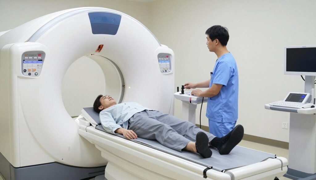 A detailed scene illustrating the step-by-step process of a computed tomography (CT) scan. In the foreground, a state-of-the-art CT scanner with a circular gantry, featuring soft blue and white lighting. A patient dressed in modest, professional clothing lies on the examination table, positioned in front of the scanner, looking calm and relaxed. In the middle ground, a medical technician in professional scrubs is attentively monitoring the machine, adjusting controls on a nearby computer screen. The background shows a clean, well-organized hospital room with medical equipment and monitors, creating a clinical yet welcoming atmosphere. The lighting is bright but soft, emphasizing a sense of safety and professionalism, and the angle captures the entire scene, providing a clear view of the CT scanning process.