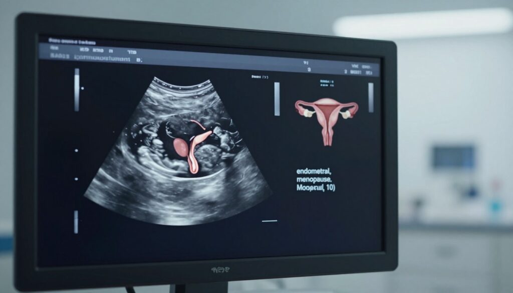 A detailed, scientific illustration of an ultrasound scan showcasing the thickness of the endometrium during menopause. In the foreground, a clear, high-resolution image of an ultrasound screen displaying a cross-sectional view of the uterus, emphasizing the endometrial layer. The middle section includes a subtle, annotated outline of the uterus with measurements indicating normal endometrial thickness ranges for menopausal women. The background softly features a clinical setting with soft, diffused lighting to create a calm and professional atmosphere. The overall mood is informative and educational, ideal for a scientific article. The lighting should highlight the details of the ultrasound imagery, providing a sense of clarity and precision.