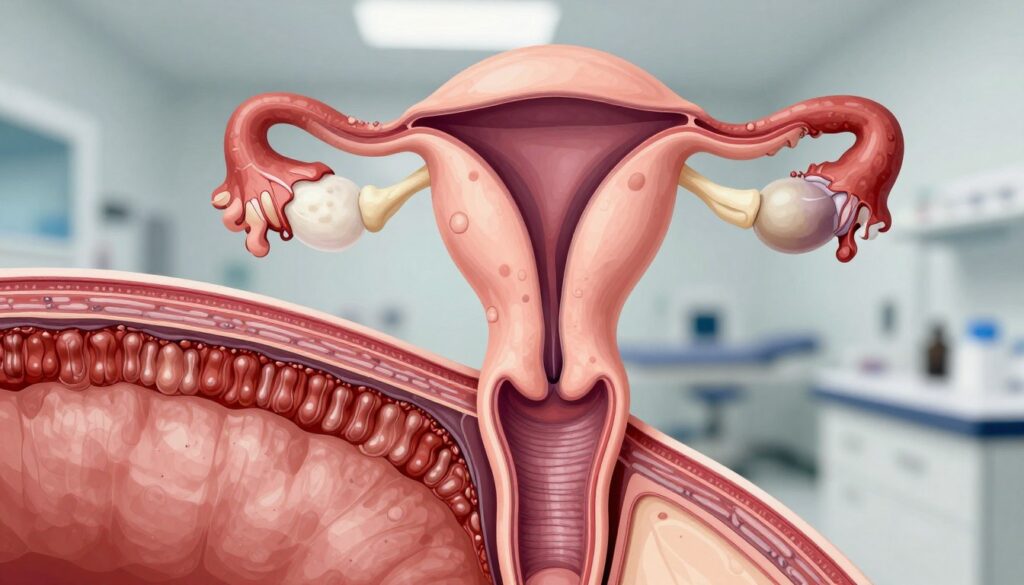 A detailed, scientifically accurate illustration of the interior of a female reproductive system, focusing on the uterus, endometrium, and ovaries. In the foreground, display a cross-sectional view of the uterus, showcasing the thick, layered structure of the endometrium in rich textures. The middle ground should feature ovary structures with visible follicles, providing a clear representation of ovarian health. The background can depict a soft, blurred medical environment, emphasizing a clinical atmosphere. Lighting should be bright and even, simulating a sterile examination room, with a focus on clarity and detail. Use a macro lens perspective to enhance the anatomical features while maintaining a professional and educational tone. A detailed, scientifically accurate illustration of the interior of a female reproductive system, focusing on the uterus, endometrium, and ovaries. In the foreground, display a cross-sectional view of the uterus, showcasing the thick, layered structure of the endometrium in rich textures. The middle ground should feature ovary structures with visible follicles, providing a clear representation of ovarian health. The background can depict a soft, blurred medical environment, emphasizing a clinical atmosphere. Lighting should be bright and even, simulating a sterile examination room, with a focus on clarity and detail. Use a macro lens perspective to enhance the anatomical features while maintaining a professional and educational tone.