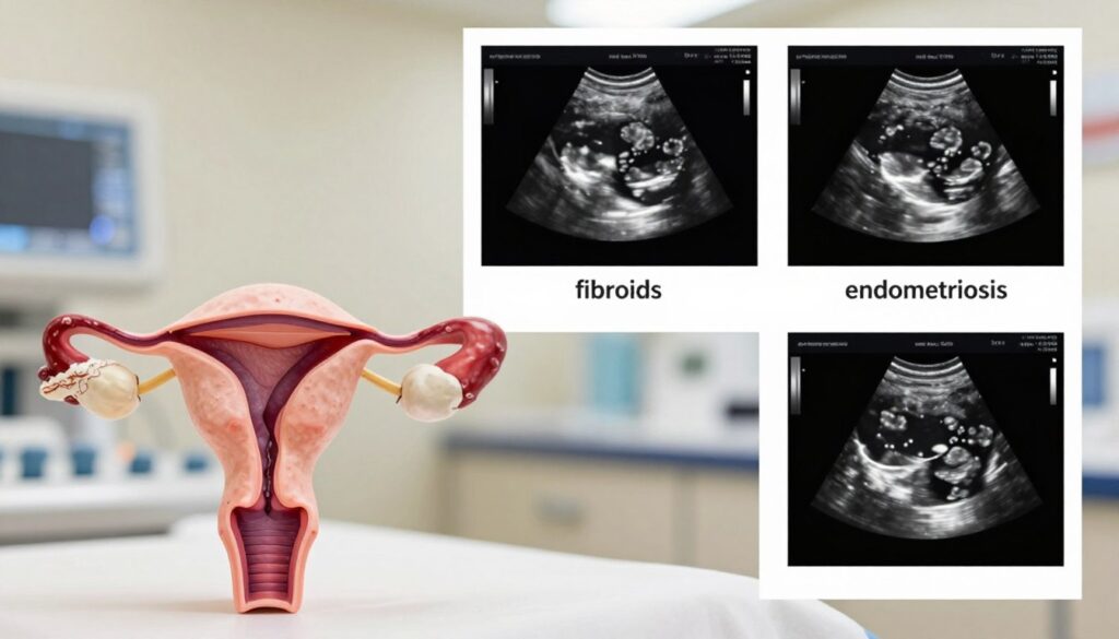 A detailed ultrasound image depicting the differentiation of adenomiosis, showcasing various conditions that may mimic it. In the foreground, highlight a clear, labeled ultrasound representation of a uterus, displaying typical features of adenomiosis such as thickened myometrium and endometrial irregularities. In the middle ground, include side-by-side comparisons of other similar conditions, like fibroids and endometriosis, each distinctly labeled for clarity. The background should represent a clinical setting with soft lighting to create an informative, yet professional atmosphere. Use a slight depth of field to focus on the ultrasound details, while ensuring a light, neutral color palette that conveys a sense of calm and clinical precision.