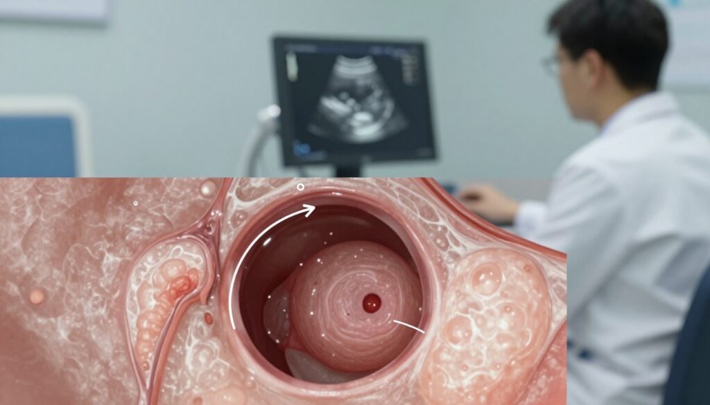 A detailed ultrasound image of an ovarian cyst, showcasing its various characteristics. In the foreground, a clear view of the cyst, focused with highlighted features such as contour, size, internal structure, and fluid content. The middle layer includes a subtle depiction of surrounding ovarian tissue, displaying normal anatomical structures for context. The background features a soft-focus medical examination room, with gentle lighting to emphasize the cyst's details. A professional medical practitioner, dressed in a white lab coat, is shown in the background, using a monitor to analyze the ultrasound image. The mood is informative and clinical, conveying a sense of careful examination and professional assessment. The image is devoid of any text or additional markings. A detailed ultrasound image of an ovarian cyst, showcasing its various characteristics. In the foreground, a clear view of the cyst, focused with highlighted features such as contour, size, internal structure, and fluid content. The middle layer includes a subtle depiction of surrounding ovarian tissue, displaying normal anatomical structures for context. The background features a soft-focus medical examination room, with gentle lighting to emphasize the cyst's details. A professional medical practitioner, dressed in a white lab coat, is shown in the background, using a monitor to analyze the ultrasound image. The mood is informative and clinical, conveying a sense of careful examination and professional assessment. The image is devoid of any text or additional markings.