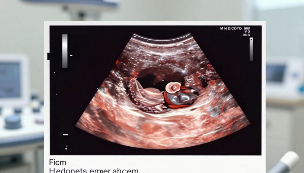 A detailed ultrasound image of the endometrium, displayed prominently in the foreground, showcasing distinct layers and textures, illustrating the thickness variations. The image should capture the endometrial lining during different phases of the menstrual cycle, highlighting areas of interest such as the functional layer and basal layer. In the middle ground, include clear markers indicating thickness measurements in millimeters, with a subtle, professional color palette that enhances clarity. The background should feature a softly blurred ultrasound machine interface, providing context without distraction. Natural lighting should mimic a clinical environment, creating a clear and informative visual, evoking a mood of professionalism and scientific inquiry, ideal for educational purposes.