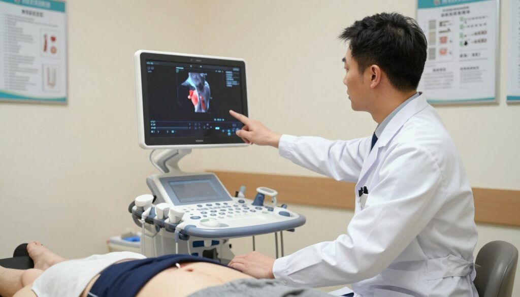 A detailed visualization of a medical examination room, showcasing a healthcare professional, dressed in a white coat, guiding an adult patient towards an ultrasound machine specifically designed for abdominal aorta and iliac arteries examination. In the foreground, a state-of-the-art ultrasound device, with clear monitor displaying anatomical graphics related to the aorta. The middle ground contains a doctor explaining the procedure while pointing at the screen, conveying professionalism and care. The background features medical charts on the wall and soft, ambient lighting to create a calming atmosphere. The composition should emphasize the interaction between the doctor and patient, highlighting the diagnostic process while ensuring a clean, clinical ambiance.