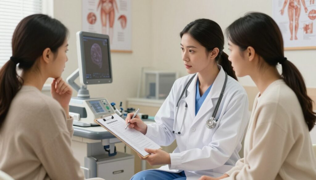 A female doctor in a professional setting, wearing a white lab coat and medical scrubs, attentively discussing with a female patient in a comfortable examination room. The healthcare professional is pointing towards a medical chart on a clipboard, indicating the necessity for a gynecological ultrasound examination. The patient appears thoughtful and engaged, dressed in modest casual clothing. The room is well-lit with soft, warm lighting, showcasing medical equipment and anatomical posters on the walls in a clinical yet welcoming atmosphere. The focus is on the doctor-patient interaction, highlighting the importance of communication in healthcare diagnostics. The scene conveys professionalism, empathy, and trust. A female doctor in a professional setting, wearing a white lab coat and medical scrubs, attentively discussing with a female patient in a comfortable examination room. The healthcare professional is pointing towards a medical chart on a clipboard, indicating the necessity for a gynecological ultrasound examination. The patient appears thoughtful and engaged, dressed in modest casual clothing. The room is well-lit with soft, warm lighting, showcasing medical equipment and anatomical posters on the walls in a clinical yet welcoming atmosphere. The focus is on the doctor-patient interaction, highlighting the importance of communication in healthcare diagnostics. The scene conveys professionalism, empathy, and trust.