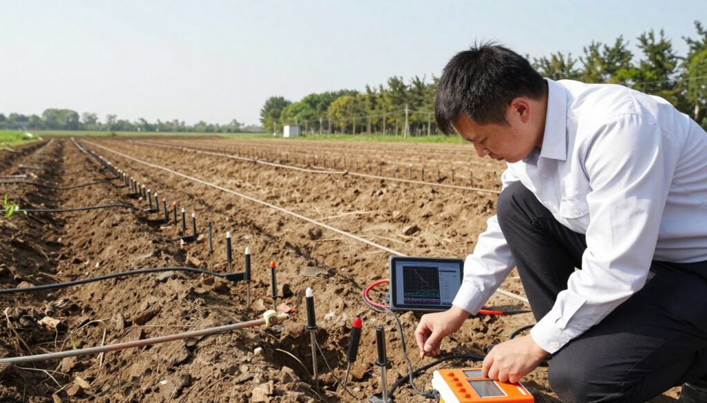 A field scene depicting an electrical resistivity tomography survey in progress. In the foreground, a professional surveyor in business attire operates measuring equipment, focused on setting up electrodes in the ground. The middle ground features a series of electrodes connected to long cables that stretch out, forming a grid pattern across the terrain. Various profiles and data charts can be seen on a portable tablet next to the surveyor. The background showcases a natural landscape with trees and a clear sky, illuminated by soft daylight. The atmosphere conveys a sense of professionalism and precision, highlighting the technical nature of the work with a clear focus on the tools and processes involved in field measurements for electro resistivity.
