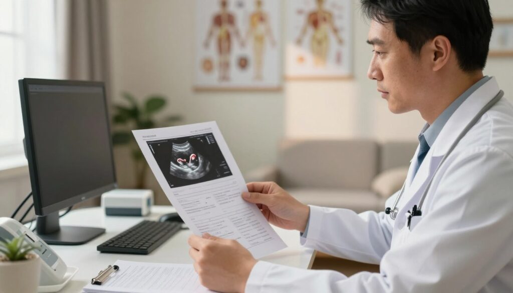 A focused medical professional, dressed in a smart white coat, intently analyzing an ultrasound report. The foreground features a clear close-up of the report showing detailed images of the uterus and ovaries. In the middle, the doctor is seated at a well-organized desk, with medical equipment and notes neatly arranged. The background reveals a softly lit consultation room, adorned with anatomical charts and a comforting atmosphere, emphasizing the serious nature of the discussion. Light from a window casts gentle shadows, creating a warm and professional ambiance. The composition captures a moment of reflection and understanding, conveying the importance of interpreting medical results.
