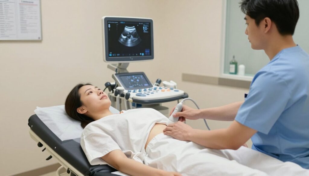 A gynecological ultrasound examination scene, featuring a patient in a private, well-lit examination room. The patient is modestly dressed in a hospital gown, lying on an examination table. A healthcare professional, wearing scrubs and focused on the ultrasound machine, applies a modern transducer to the patient's abdomen, depicting the process of the exam. The ultrasound monitor displays a clear image of the internal organs, providing a glimpse of the technology used. The room is equipped with medical charts and soft lighting to create a calming atmosphere. The angle captures both the patient and the professional, emphasizing the compassionate care aspect of the procedure.