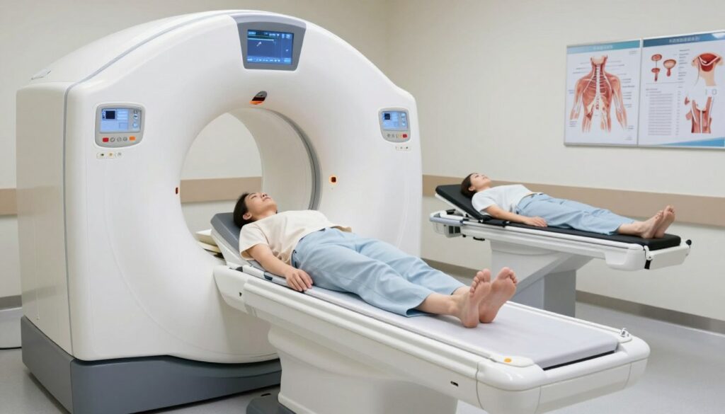 A high-resolution medical imaging scene showcasing a state-of-the-art computed tomography (CT) scanner designed specifically for cervical scans. In the foreground, the sleek, modern CT scanner is prominently featured, with its circular opening and digital interface visible, emphasizing its advanced technology. The middle ground includes a patient on a comfortable examination table, dressed in modest hospital attire, preparing for the scan, radiating a calm and professional atmosphere. The background displays a softly lit clinic with medical charts and anatomical diagrams illustrating common symptoms related to neck issues, enhancing the educational aspect. The lighting is bright but soft to convey a sterile yet welcoming environment, creating a mood of safety and professionalism. The angle captures the scene from slightly above, giving an overview of the entire setup, while focusing on the ka scan's intricate details.