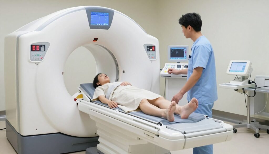 A high-tech medical imaging room featuring a state-of-the-art CT scanner in the foreground, showcasing the machine's intricate design and panels with illuminated screens. In the middle ground, a patient lying comfortably on the scanner table, dressed in a modest hospital gown, while a radiologic technologist stands beside them, attentively monitoring the machine's controls. The background displays medical equipment and a soft, clinical environment, with bright, even lighting that enhances the sterile atmosphere. The overall mood conveys professionalism and care, emphasizing the technology involved in the CT scan process. Capture the image from a slightly angled perspective to highlight both the scanner and the patient interaction.