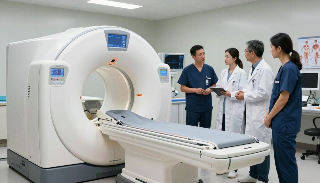 A high-tech medical imaging room featuring a state-of-the-art computed tomography (CT) machine, prominently placed in the foreground, showcasing intricate details of the device such as its circular gantry, digital displays, and patient table. The middle ground includes a small group of medical professionals, dressed in smart scrubs and lab coats, discussing the specifications and operational costs of the CT machine, conveying a sense of focused collaboration. In the background, soft, diffused lighting illuminates the sterile medical environment, filled with diagnostic screens and anatomical charts, creating a clinical yet innovative atmosphere. The image reflects a professional and insightful mood, emphasizing the technology's complexity and significance in medical diagnostics. A high-tech medical imaging room featuring a state-of-the-art computed tomography (CT) machine, prominently placed in the foreground, showcasing intricate details of the device such as its circular gantry, digital displays, and patient table. The middle ground includes a small group of medical professionals, dressed in smart scrubs and lab coats, discussing the specifications and operational costs of the CT machine, conveying a sense of focused collaboration. In the background, soft, diffused lighting illuminates the sterile medical environment, filled with diagnostic screens and anatomical charts, creating a clinical yet innovative atmosphere. The image reflects a professional and insightful mood, emphasizing the technology's complexity and significance in medical diagnostics.