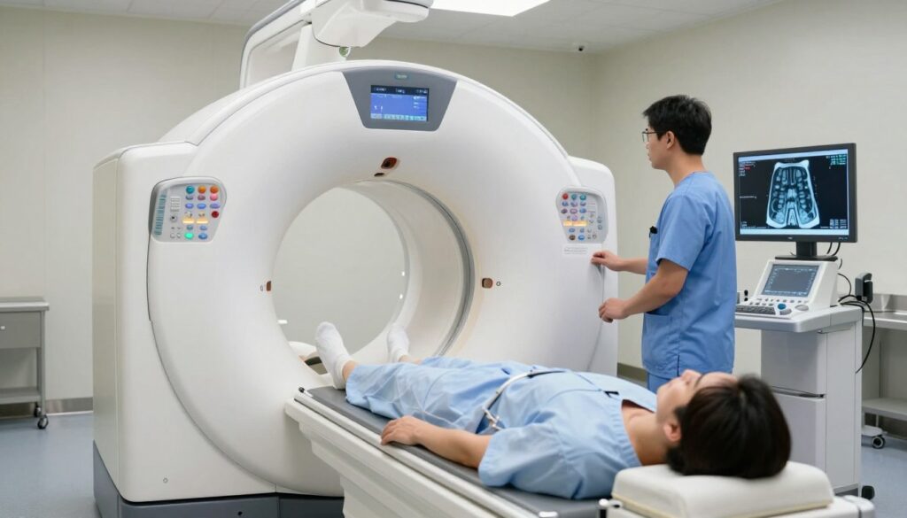 A high-tech medical imaging room featuring a state-of-the-art computed tomography (CT) scanner actively in use. In the foreground, a patient in professional hospital attire lies comfortably on the scanning table, looking relaxed. The CT machine, with its circular gantry and intricate array of controls, is prominently positioned in the center. In the middle ground, a radiologic technologist dressed in scrubs operates the machine, focused and attentive, with a digital monitor displaying detailed images of the scan process. The background showcases clinical equipment, soft overhead lighting, and a clean, sterile environment. The atmosphere conveys professionalism, calmness, and the precision of modern medical technology, emphasizing the step-by-step process of patient examination.
