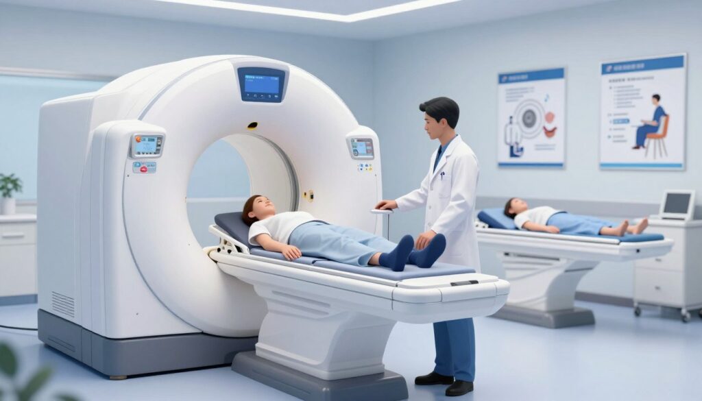 A highly detailed digital illustration of a modern medical imaging center focused on CT scanning (tomography). In the foreground, a state-of-the-art CT scan machine is prominently displayed, with soft, cool lighting highlighting its sleek design. A medical technician in a professional lab coat is attentively operating the machine, ensuring it is ready for a patient while looking calm and focused. In the middle ground, a clean, organized examination room features a patient lying comfortably on a medical bed, preparing for the scan with reassuring expressions from the technician. In the background, walls are adorned with informative posters about tomography procedures and benefits, creating an informative and welcoming atmosphere. The overall mood is professional and serene, emphasizing the importance of quality healthcare and patient comfort.