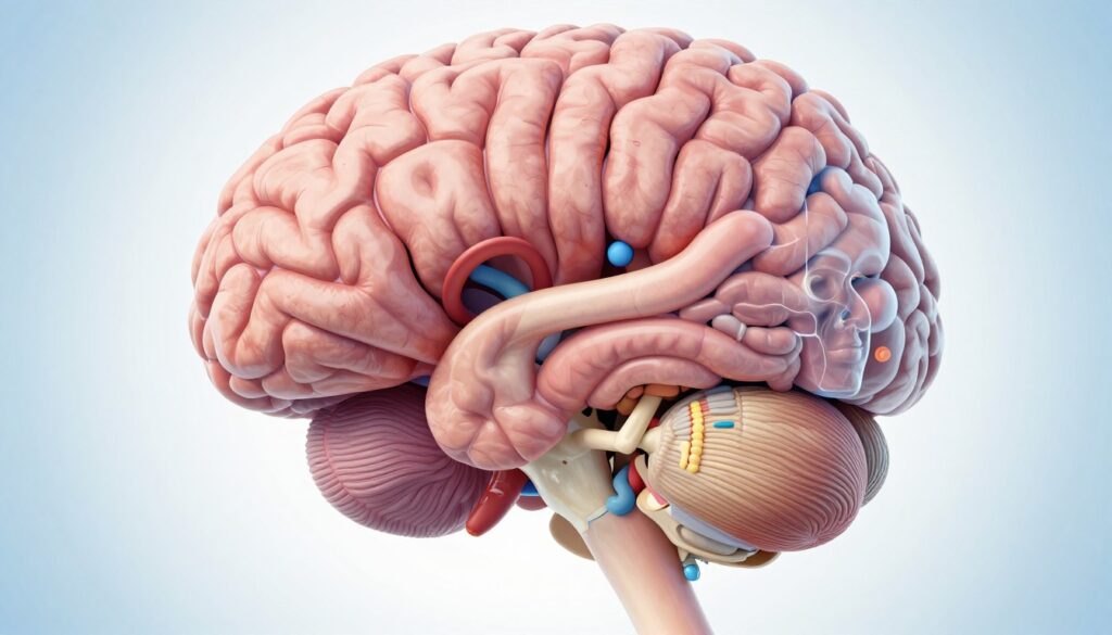 A highly detailed medical illustration of the human brain, showcasing the intricate structures of the cerebrum, cerebellum, and brainstem. In the foreground, a cross-sectional view of the brain is highlighted with vibrant colors to emphasize the different regions and their functions. In the middle section, include the contours of the skull, showcasing its protective role, alongside translucent views of the facial skeleton, depicting the alignment of the facial features. The background should be a soft, blurred gradient of light blue and white to evoke a clinical atmosphere, suggesting the precision of medical imaging. The lighting is bright but diffused, creating a clean and professional look. The angle is slightly angled to give depth and perspective, enhancing the three-dimensionality of the brain and skull. The mood is informative and scientific, inviting the viewer to explore the complexities of human anatomy.