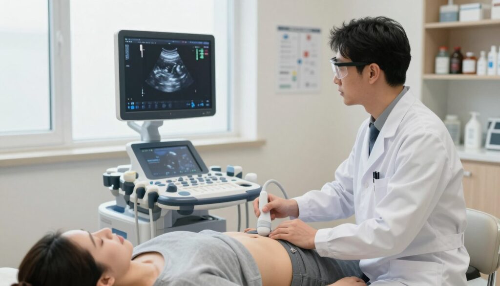 A medical examination room featuring a high-quality ultrasound machine prominently in the foreground, with a clear view of the monitor displaying a live ultrasound image. A healthcare professional, dressed in a crisp white lab coat and safety goggles, attentively guiding the ultrasound transducer over a patient’s abdomen, who is comfortably lying on an examination table in modest clothing. The middle ground features high-tech medical instruments and charts, contributing to a clinical atmosphere. Soft, natural light filters through a window, creating a calming effect in the room. The background should hint at shelves filled with medical supplies, maintaining a clean and organized look, evoking a sense of professionalism and care in the medical field.