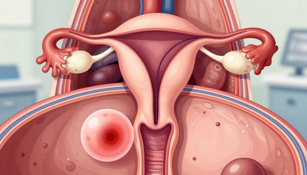 A medical illustration depicting alarming symptoms of ectopic pregnancy, focusing on a cross-section of the female reproductive system. In the foreground, vibrant anatomical details highlight a fertilized egg implanted outside the uterus, surrounded by swollen tissues indicating potential complications. The middle layer features an anatomical representation of nearby organs such as the ovaries and fallopian tubes, rendered in soft, detailed colors to enhance clarity. In the background, a subtle gradient simulates a clinical environment, perhaps suggesting an ultrasound room with soft lighting. The overall atmosphere should evoke a sense of urgency and awareness, emphasizing the importance of recognizing these symptoms without sensationalism. The image should be scientifically accurate, devoid of any human figures.