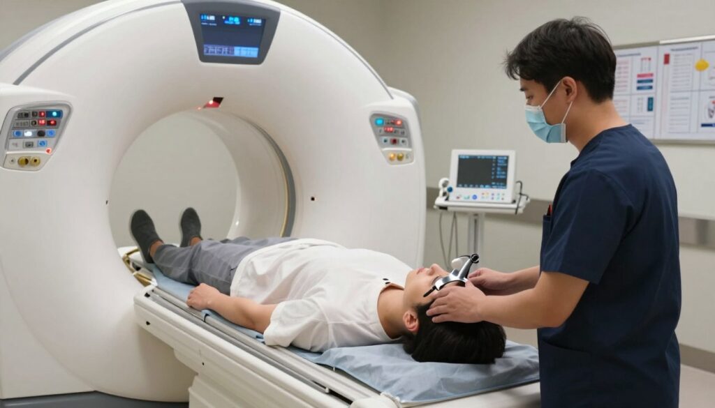A medical imaging room featuring a modern CT scanner with soft, diffused lighting, highlighting the patient lying on the scanner bed. In the foreground, a radiologic technologist in professional attire, carefully positioning a head coil around the patient's head, demonstrating meticulous attention to detail. The middle layer showcases the high-tech CT scanner, emphasizing its sleek design and advanced interface with lights indicating operational status. In the background, medical charts and equipment are organized neatly, conveying a professional atmosphere. The overall mood is calm and clinical, reflecting a sense of safety and precision in the diagnostic process. The angle captures the scanning area from a slightly elevated perspective to provide a comprehensive view of the setup. A medical imaging room featuring a modern CT scanner with soft, diffused lighting, highlighting the patient lying on the scanner bed. In the foreground, a radiologic technologist in professional attire, carefully positioning a head coil around the patient's head, demonstrating meticulous attention to detail. The middle layer showcases the high-tech CT scanner, emphasizing its sleek design and advanced interface with lights indicating operational status. In the background, medical charts and equipment are organized neatly, conveying a professional atmosphere. The overall mood is calm and clinical, reflecting a sense of safety and precision in the diagnostic process. The angle captures the scanning area from a slightly elevated perspective to provide a comprehensive view of the setup.