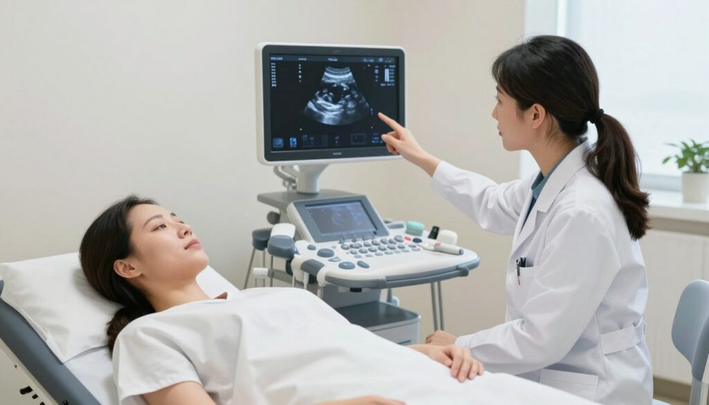 A medical office scene depicting a gynecological ultrasound examination. In the foreground, a professional female doctor in a white lab coat is attentively reviewing ultrasound images on a monitor, while a patient, dressed in a modest hospital gown, lies calmly on an examination table. The doctor gestures towards the screen, illustrating key points in the imaging. In the middle ground, medical equipment, such as an ultrasound machine and various instruments, creates a clinical atmosphere. The walls are light, enhancing a sense of cleanliness. Soft, natural light filters through a nearby window, casting gentle shadows. The overall mood is informative and reassuring, emphasizing the importance of early detection in ectopic pregnancy.