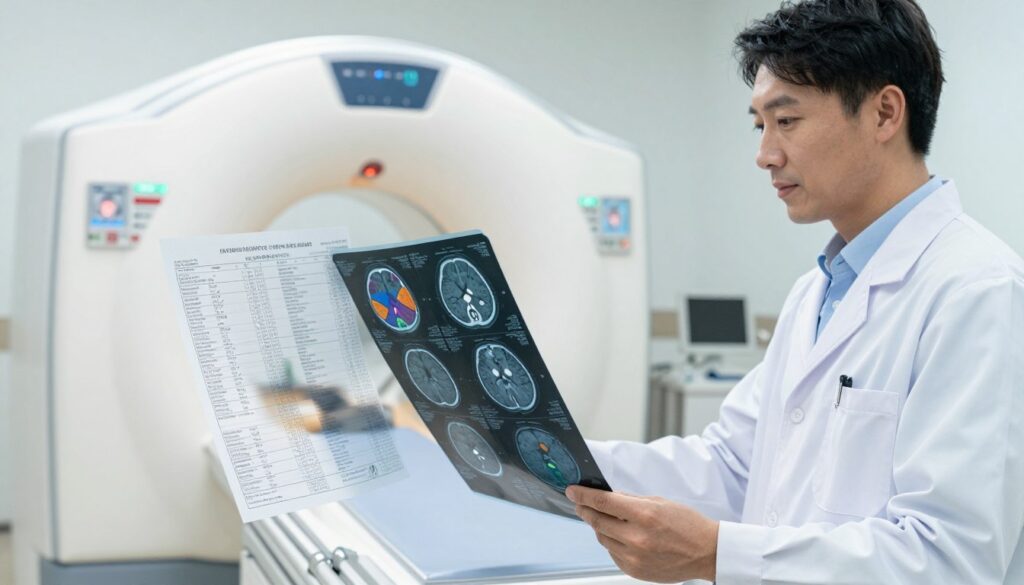 A medical office setting showcasing a detailed CT scan report for a brain examination. In the foreground, a close-up view of a clear, well-organized CT scan result, highlighting key findings with visually distinct areas of the brain in color-coded sections. The middle ground features a professional medical personnel—a doctor in a white lab coat, reviewing the report under bright, clinical lighting. Background elements include a CT scanner, medical equipment, and a calming, sterile environment. The atmosphere should convey professionalism and clarity, inviting the viewer to focus on the importance of receiving timely results in healthcare. The overall composition should be bright and engaging, using natural light to create a sense of transparency and trust in the medical process.